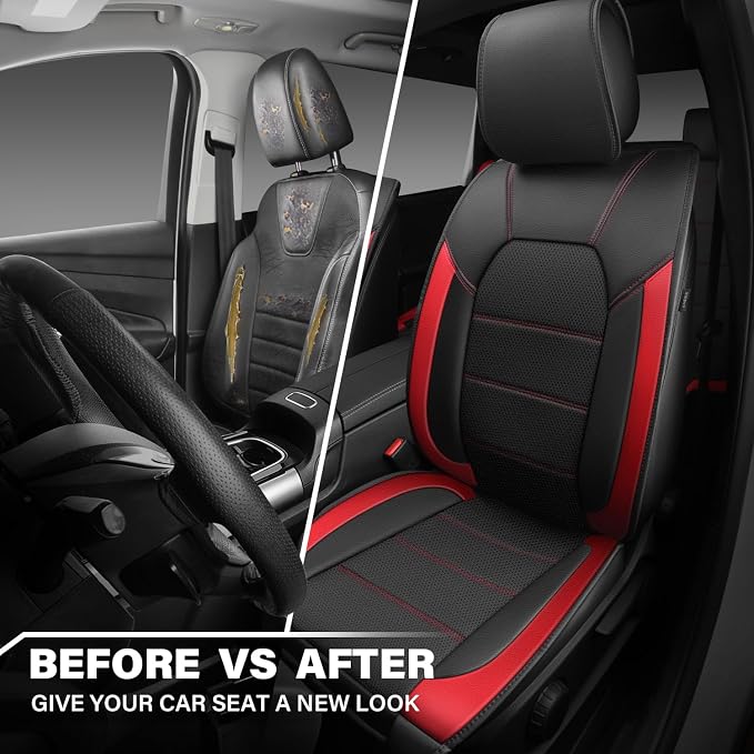 CAR PASS 5 Seats Leather Car Seat Covers, Sideless Car Seat Protectors with Storage Pocket, Water Resistance Seat Cover, Universal Fit Most Cars, SUVs, Trucks and Vans (Full Set,Black and Red)