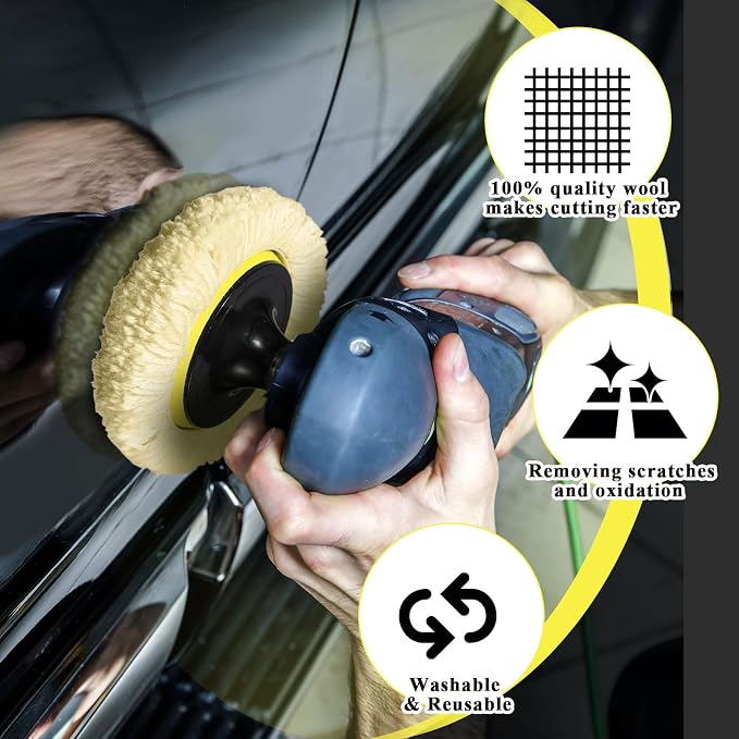 Tallew 6 Pcs 3 Inch Wool Buffing Polishing Pads Hook Loop Cutting Pads with Backing Plate for Car, Boat, Wood, Marble Surface Polishing & Scratch Removal (Original Color)