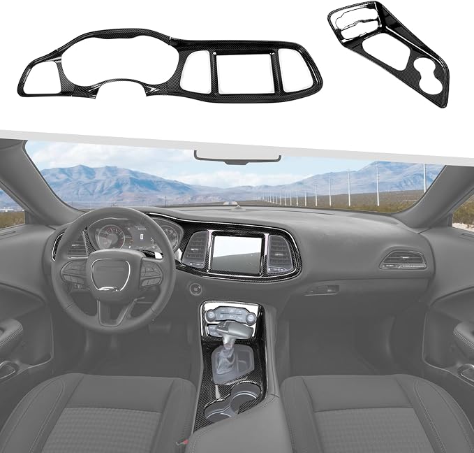Jimen Fit for Dodge Challenger 2015-2024, 5PCS Center Console Dash Trim Kits Instrument Cluster Panel & Gear Shift Panel Cover (Carbon Fiber)