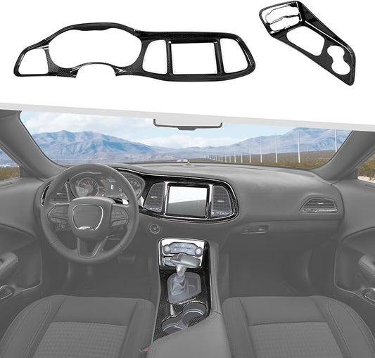 Jimen Fit for Dodge Challenger 2015-2024, 5PCS Center Console Dash Trim Kits Instrument Cluster Panel & Gear Shift Panel Cover (Carbon Fiber)