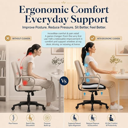 Seat Cushions for Office Chairs Wheelchair Cushion for Long Sitting Back Pain，Memory Foam Seat Car Computer Desk Chair Cushion，Coccyx Cushion for Tailbone Pain Relief Cushion Office Chair Black