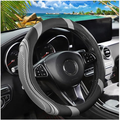 Osilly 15 Inch Car Leather Steering Wheel Cover, Automotive Accessories Elastic Breathable Anti-Slip Soft Wheel Protector Fits Men and Women, Suitable for SUVs, Trucks, Vehicles and RVs (Light Gray)
