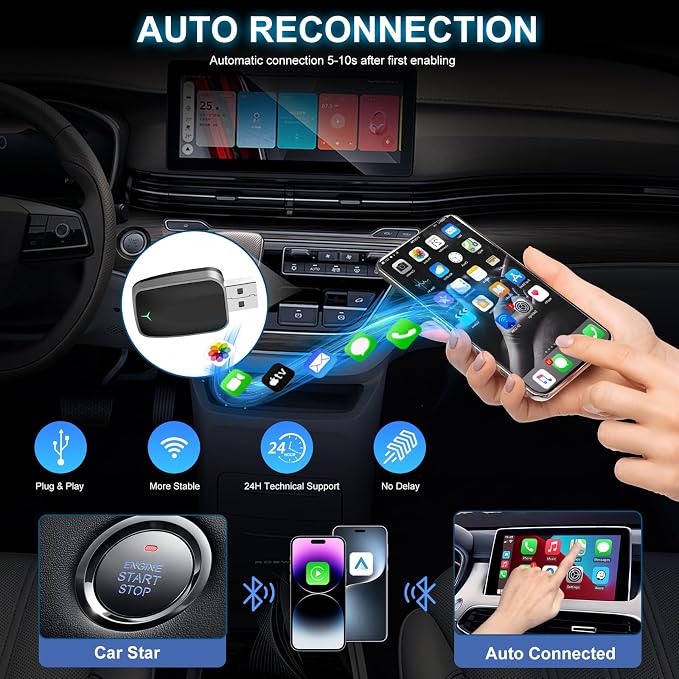Mini Wireless CarPlay Adapter, Plug & Play Dongle, Low Latency & Stable Connection, Convert Wired to Wireless CarPlay, USB-A/C Compatible, for iPhone iOS 10+ & 2016+ Cars