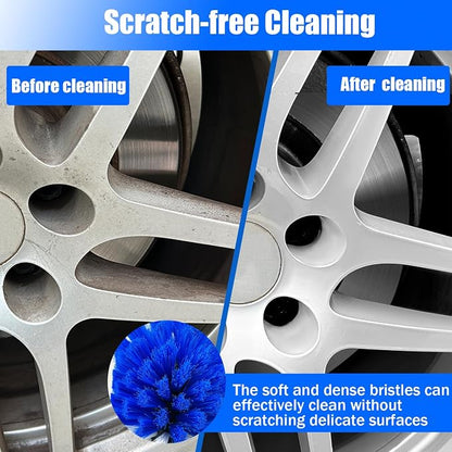 Wheel Brush Kit, Soft Drill Wheel Cleaner Brush, Tire Brush, Detailing Brush, and Detailing Pads, No Scratches Car Wheel Cleaning Kit for Wheels, Tire, Rims, Engines, Exhaust(Blue + White 9 Pk)
