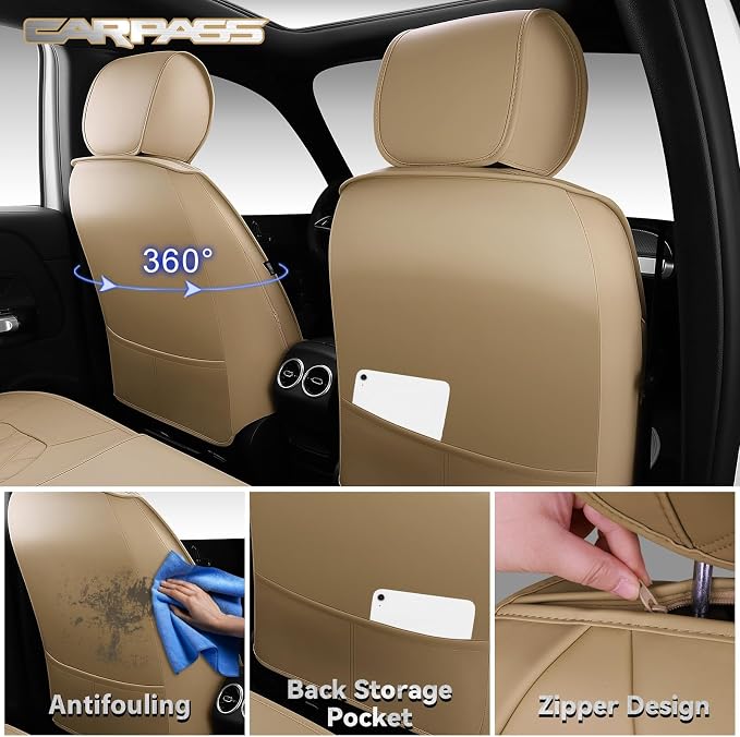 CAR PASS Luxury Nappa Leather Seat Covers Full Set, 3D Rhombus Waterproof Faux Leather Seat Covers, Universal Automotive Seat Cushion Fit for Most Sedan SUV Truck Van, Armrest Airbag Compatible Beige