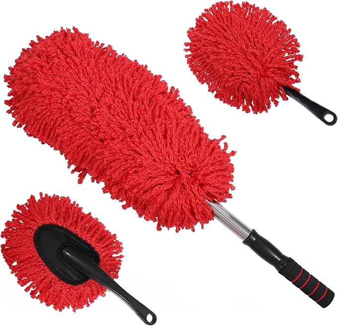 IPELY 3 Pack Large Red Microfiber Car Duster Exterior Scratch Free with Extendable, Car Duster Interior Multipurpose dust Cleaning