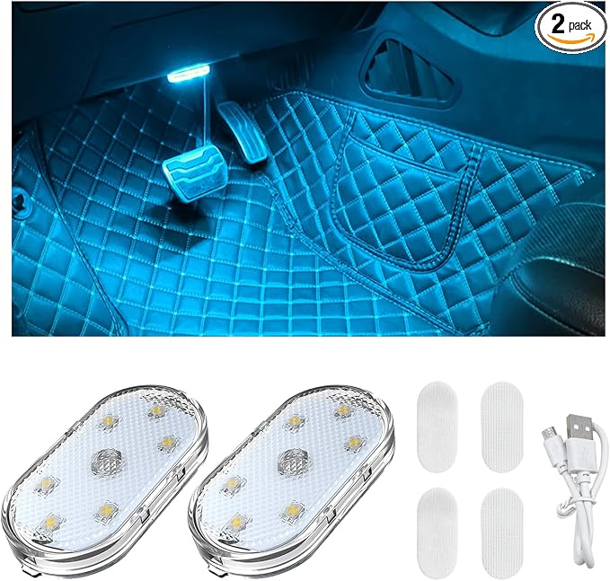 Wevdn 2 PCS Car LED Lights Interior Wireless, Sticky Car Ambient Lighting with 6 Bright LED Lamp Beads, Portable USB Rechargeable Vehicle Interior Led Night Light for Car (Ice Blue)