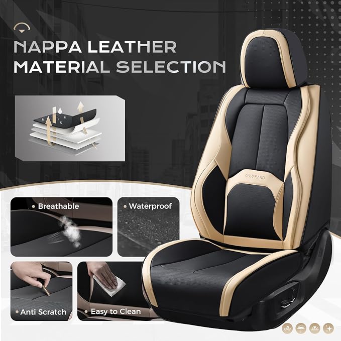 Coverado Seat Covers, Premium Nappa Leather Car Seat Covers Front Seats, Waterproof Car Seat Protector with Lumbar Support, Front Driver Seat Covers Universal Fit for Most Cars (Black&Beige)