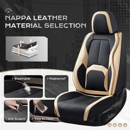 Coverado Seat Covers, Premium Nappa Leather Car Seat Covers Front Seats, Waterproof Car Seat Protector with Lumbar Support, Front Driver Seat Covers Universal Fit for Most Cars (Black&Beige)