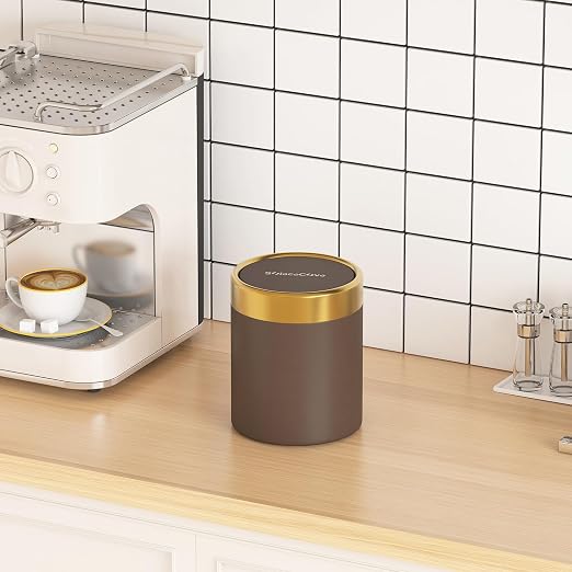 Countertop Trash Can with Lid for Desk Top,0.4 Gallon Stainless Steel Mini Trash Can for Desk、Car、Office、Kitchen,Swing Top Trash Bin with a Roll of Trash Bag(Brown)