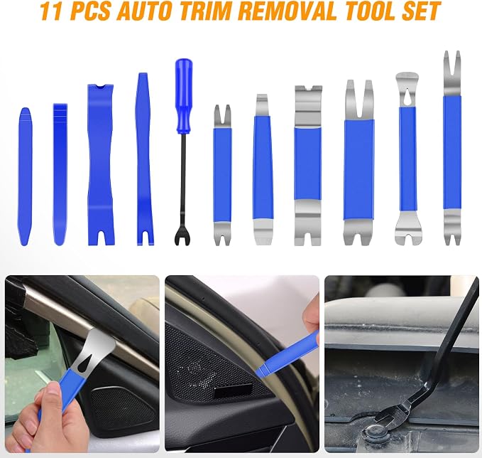 GOOACC 11PCS Trim Removal Tool Kit, Metal & Nylon Pry Tools Set for Car Door Panel, Dashboard, Audio, Clips, Fastener Remover w/Storage Box – Blue