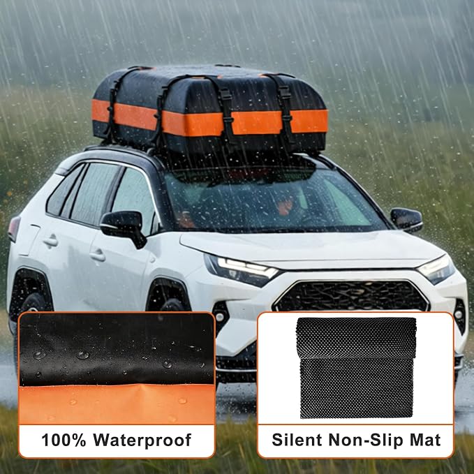 Mupera 15 Cubic Ft Waterproof Rooftop Cargo Carrier, Upgraded Anti-Slip Mat, 6 Door Hooks & Lock for Cars SUVs with/Without Roof Rack