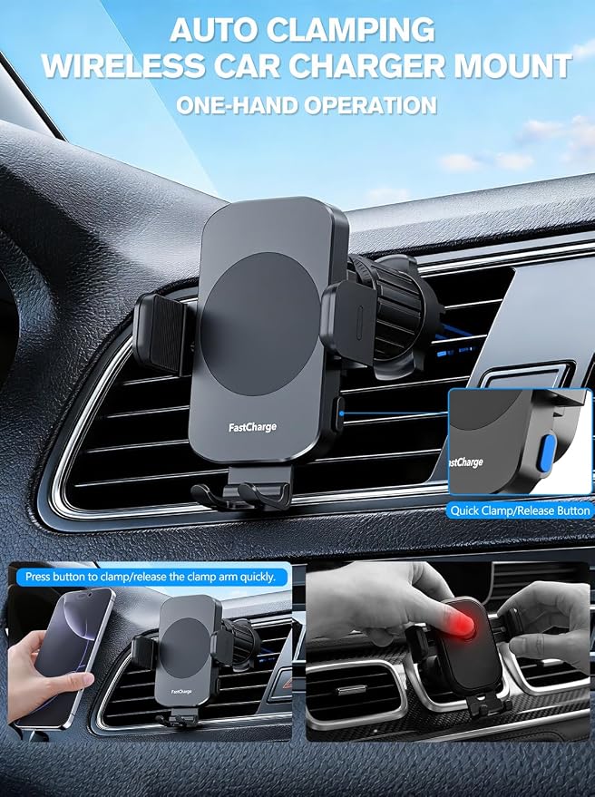 Wireless Car Charger, 15W Fast Charging Auto-Clamping Phone Holder Phone Mount【Windshield+Vent+Dash】 Car Accessories for Women Men fit for iPhone 17 16 15 14 13 12 Pro Max 11 XR XS, Samsung Galaxy