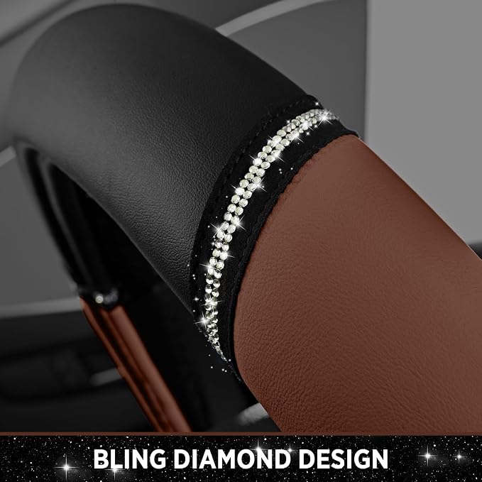 Road Comforts Leather Steering Wheel Cover - Made with PVC Leather - Anti-Slip Steering Wheel Cover Universal Fit Most 14 1/2 inches to 15 inches - Brown Color
