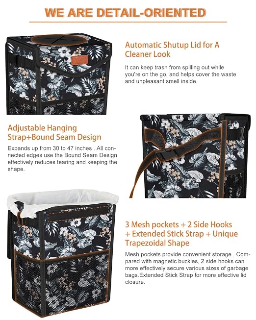 Pritent Car Trash Can with Lid, Cute Leakproof Car Trash Garbage Bag Hanging Vehicle Trash Bin Small Portable Automotive Garbage Cans Organizer for Back/Front Seat(Trapezoid,Black with Lily Print)