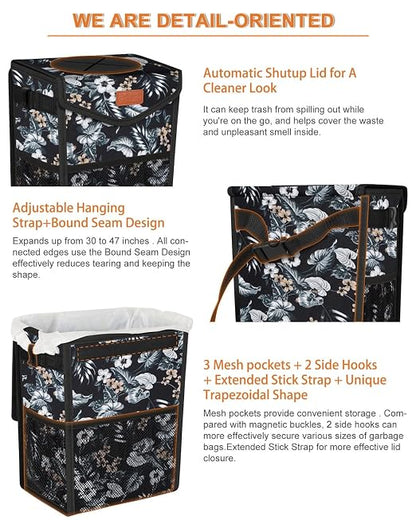 Pritent Car Trash Can with Lid, Cute Leakproof Car Trash Garbage Bag Hanging Vehicle Trash Bin Small Portable Automotive Garbage Cans Organizer for Back/Front Seat(Trapezoid,Black with Lily Print)