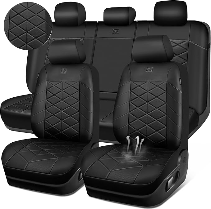CAR PASS Memory Foam Leather Car Seat Covers Full Set, Breathable Perforated Nappa Leather Seat Covers Full Set, Comfort Universal Fit for Most SUV Truck Sedan, Airbag Compatible 5 Seats All Black