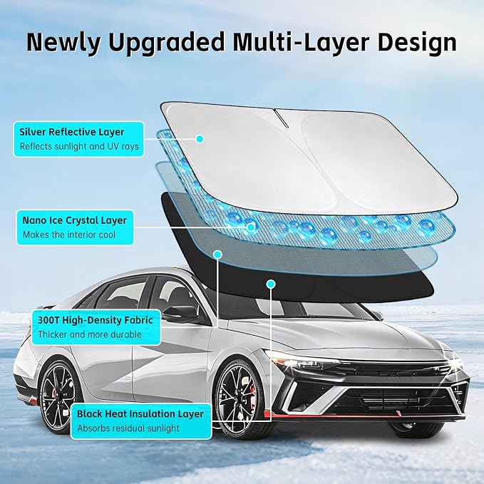 Windshield Sun Shade for Hyundai Elantra 2011-2026 Sunshade 300T Windshield Cover Protector Blocks UV Rays Custom Fit Elantra Front Window Shades Windshield Accessories Keep Cool Foldable