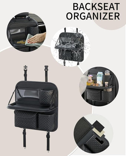 PU Leather Backseat Car Organizer with Foldable Tray & Tablet Holder, Luxury Diamond Stitching Design, Universal Car Seat Storage Organizer for Kids & Family Travel Accessories, Black
