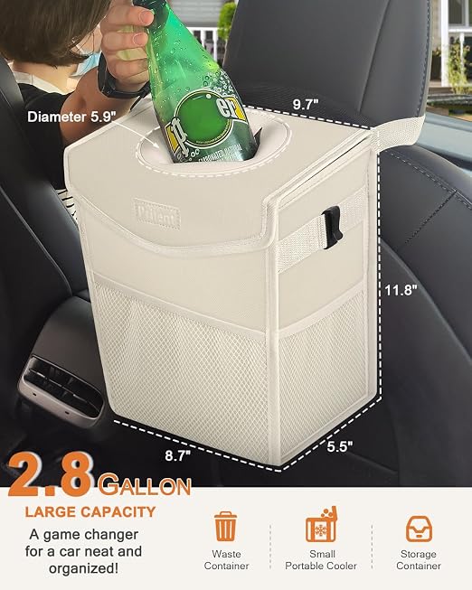 Pritent Car Trash Can with Lid, Cute Leakproof Car Trash Garbage Bag Hanging Vehicle Trash Bin Small Portable Automotive Garbage Cans Organizer for Back/Front Seat/Console(2.8 Gallons,Beige