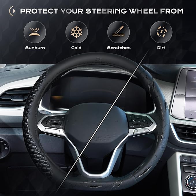 Coverado Nappa Leather Steering Wheel Cover Universal 14-15 Inch Anti-Slip Breathable Steering Wheel Protector Luxury Auto Decor for Men Women Blackline