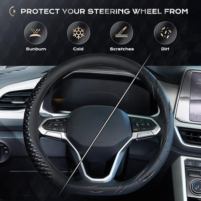 Coverado Nappa Leather Steering Wheel Cover Universal 14-15 Inch Anti-Slip Breathable Steering Wheel Protector Luxury Auto Decor for Men Women Blackline