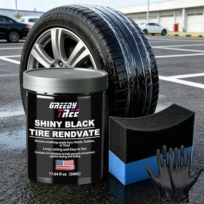 Shiny Black Tire Renovator, The Perfect Deep Black Shine - Long Lasting Car Tire Dressing - No Sling & Dry to Touch, 17.64 Oz Kit with Applicator and waxing Gloves