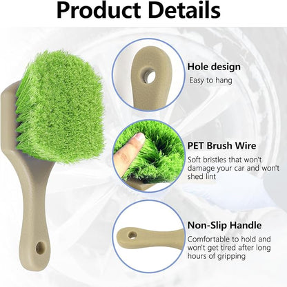 Hovom Car Wash Brush for Tire & Wheel Rim, Soft Bristle Wheel Cleaning Brushes, Short Handle Tire Cleaner Brush Releases Dirt and Road Grime, Universal Car Cleaning Supplies (Green)