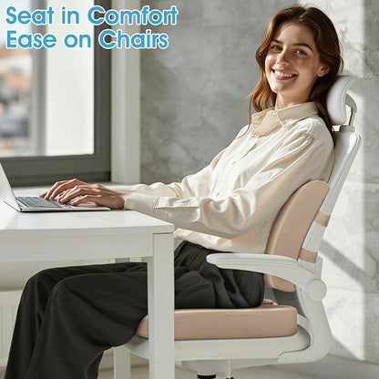 CushZone Ergonomic Seat Cushion & Lumbar Support Pillow - Memory Foam for Sciatica Pain Relief & Posture Correction, Non-Slip Chair Cushions for Office Chair/Car/Wheelchair/Travel, Khaki