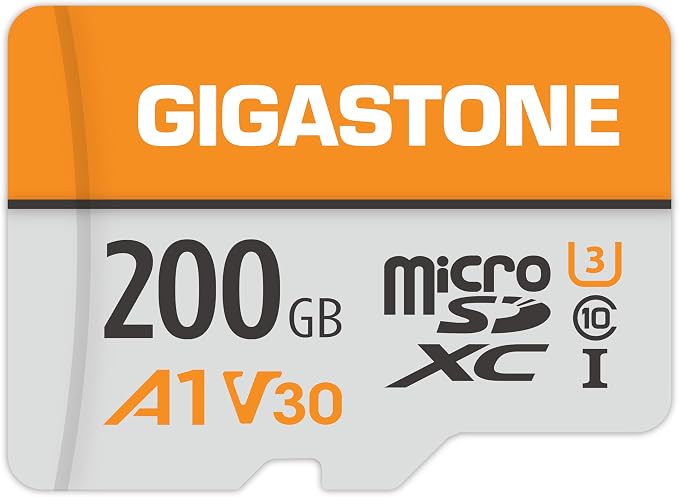 GIGASTONE 200GB Micro SD Card, A1 V30, 4K Video Recording, Compatible with Security Camera, Dash Cam, Drone, 100MB/s MicroSDXC Memory Card UHS-I V30 Class 10, with Adapter