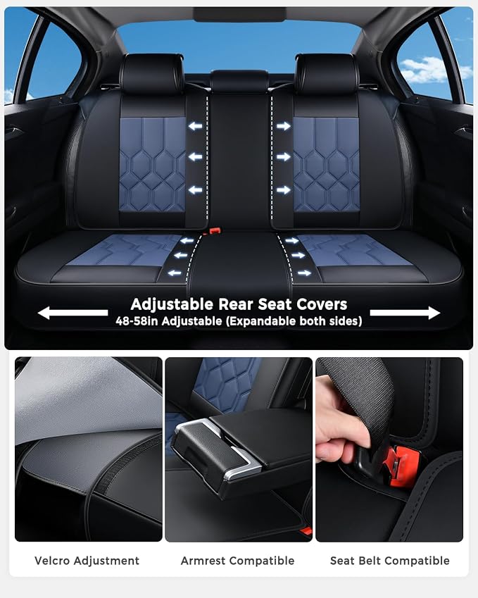 Huidasource Seat Covers Full Set, Universal Fit for Most Cars SUVs Trucks, Full Coverage Leather Seat Cover, Airbag, Cupholder Compatible, Seat Function Retain, Easy Install with Velcro, Black&Blue