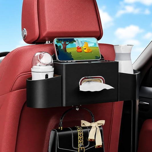 Back Seat Car Organizer with One Towel Leather Wood Materials Car Back Seat Storage Box 2 Drink Cup Holder Tissue Box for Hold Phone Drinks Handbag Compatible with Most Vehicles (Black)