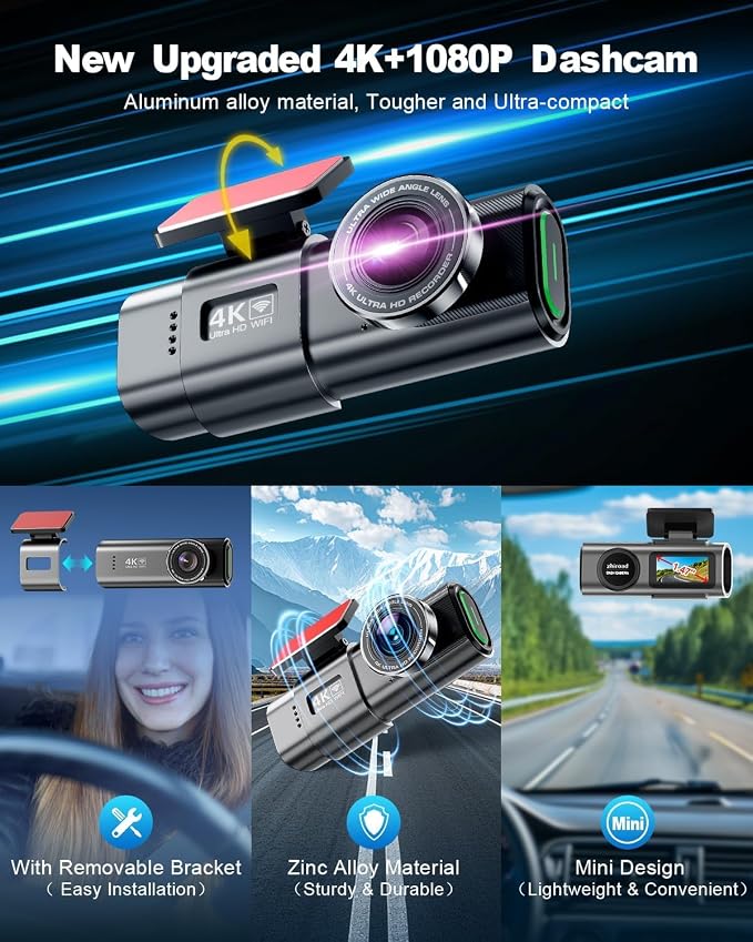 4K Dash Cam Front and Rear, Built-in WiFi, 170° Wide Angle, Night Vision, 24H Parking Monitor, G-Sensor, WDR, 1.47” IPS Screen, with 64GB SD Card (Supports 256GB Max) - Car Dash Camera with App