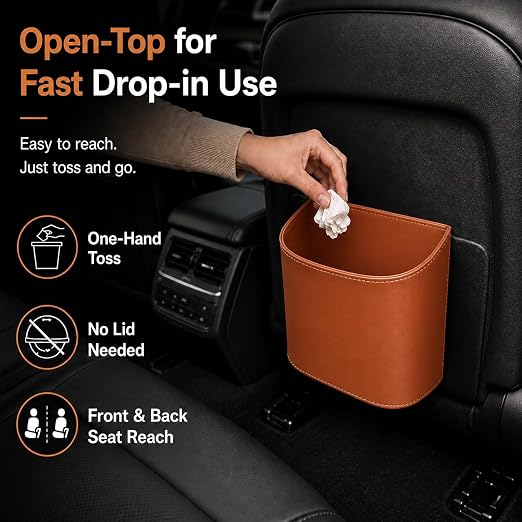 COZILO Leather Car Trash Can – Leakproof & Easy-to-Clean Car Trash Bin for Luxury Cars, SUVs & Trucks | Includes 60 Custom Liners, Secure Hook, Easy Install, Brown