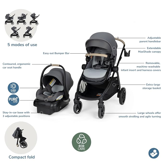 Maxi-Cosi Zelia Pro 5-in-1 Travel System with Mico Pro Infant Car Seat and Baby Stroller Combo, Reversible Seat, Large Wheels, Adjustable Handle, Newborn to Toddler, Lightweight, Sea Salt