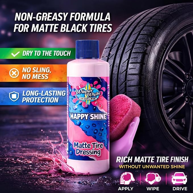 Winter White Happy Shine Matte Tire Dressing, Professional Grade, Satin Black Finish, UV Protection, Made in The USA-16oz - 2pk