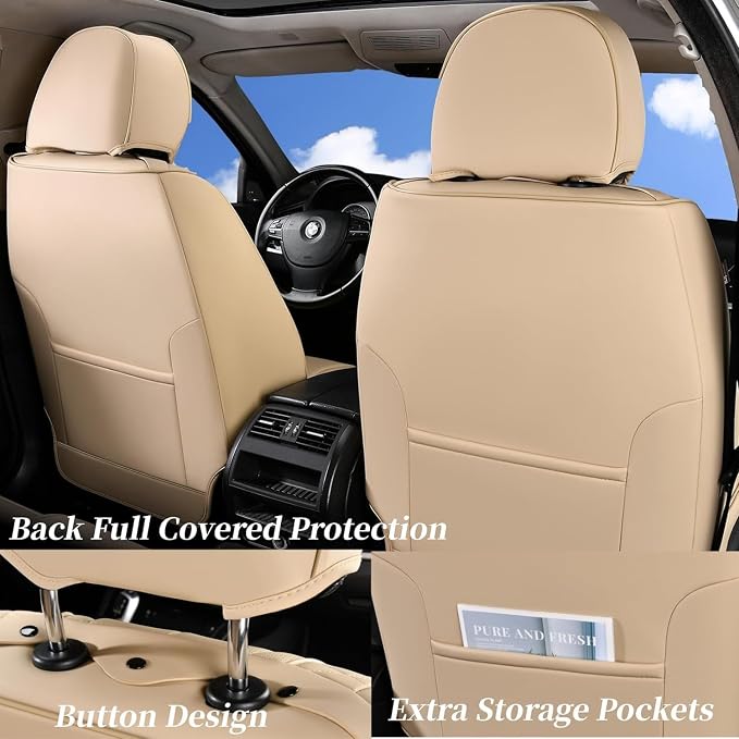 Coverado Car Seat Covers Full Set, Leather Seat Coversfor Cars, Front and Back Seat Covers, Waterproof Car Seat Protectors Car Seat Cushions Universal for Most Vehicles, Beige