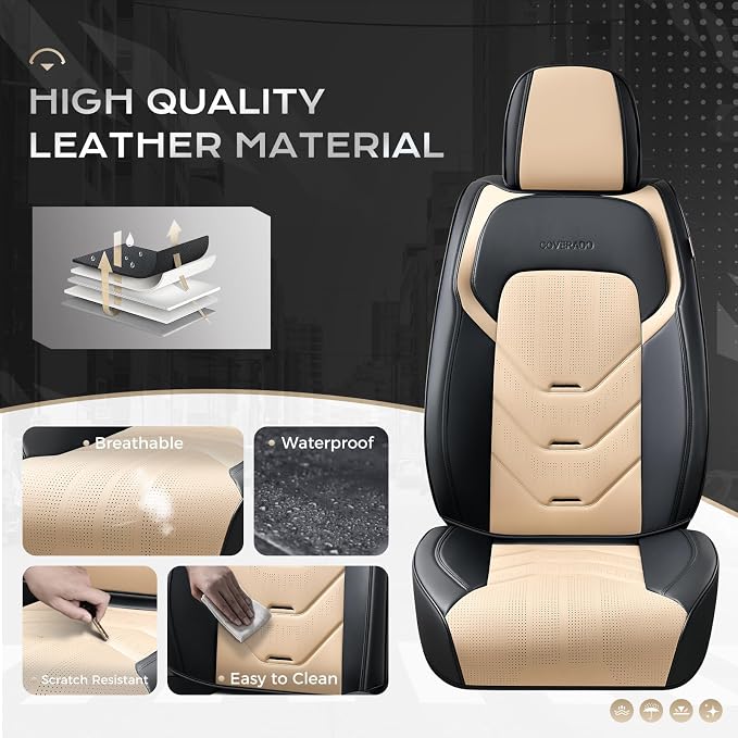 Coverado Car Seat Covers Full Set, Leather Seat Cover for Car, Front and Back Seat Covers, Black & Beige Car Seat Protector, Waterproof Car Seat Cushion Automotive Seat Cover Universal for Most Cars