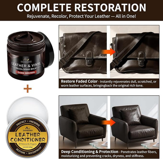 Leather Recoloring Balm with 100ml Mink Oil, Dark Brown Leather Repair Kit and Scratch Remover for Furniture, Car Seats, Sofas, Dye & Restorer for Couches, Vinyl, PU, Faux