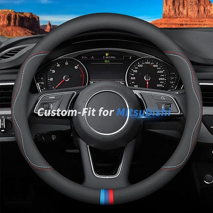 Deer Route Custom-Fit Leather Car Steering Wheel Cover for Mitsubishi, C-Style, Non-Slip, Breathable
