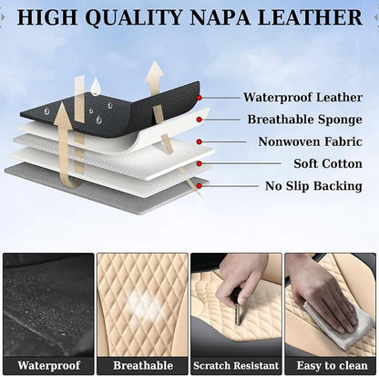 Coverado Waterproof Nappa Leather Car Seat Covers, Automotive Fullset Seat Covers, 5 Seat Car Seat Cushion & Seat Protector, Black&Beige Front and Rear Covers Universal Fit for Most Cars, SUVs, Trucks