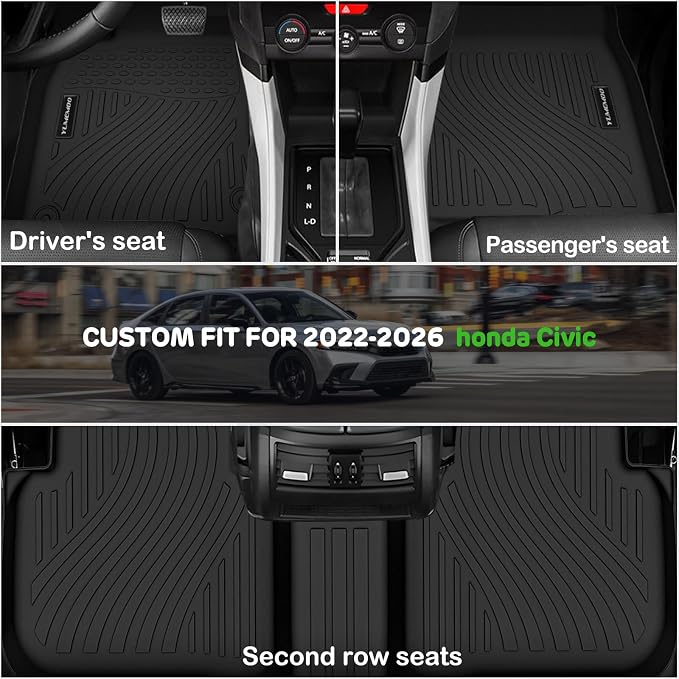 Floor Mats for Honda Civic 2022-2026 Gas Sedan(2nd Row w/o USB Port) & 2026 Sedan Hatchback Si Hybrid TPE Floor Liners Fit for Civic 1st & 2nd Row & Door Sill Guards Anti-Slip Full Set Car Mats