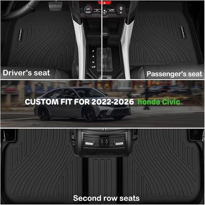 Floor Mats for Honda Civic 2022-2026 Gas Sedan(2nd Row w/o USB Port) & 2026 Sedan Hatchback Si Hybrid TPE Floor Liners Fit for Civic 1st & 2nd Row & Door Sill Guards Anti-Slip Full Set Car Mats