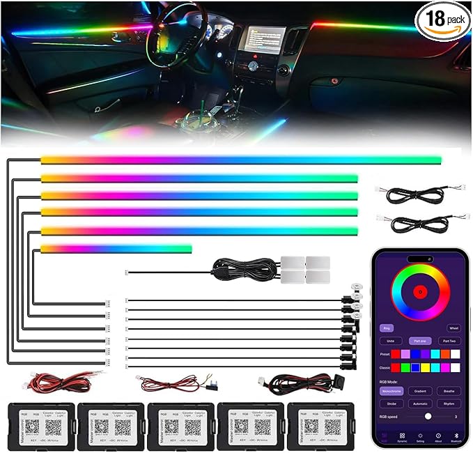Acrylic Interior Car LED Strip Light with Wireless APP, RGB 18 in 1 with 175 inches 593 LEDs Fiber Optic Ambient Lighting Kits, 16 Million Colors Sound Active Function Car Neon Lights