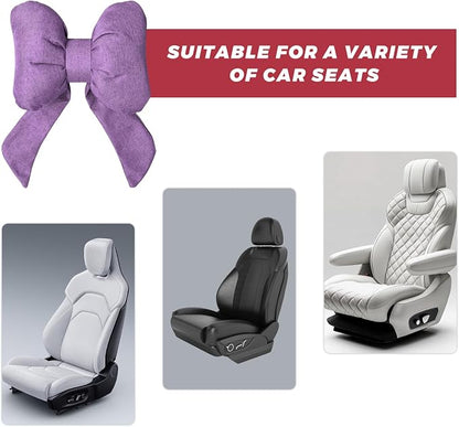 Cute Bow Car Headrest Pillow, Soft Comfortable Bow Auto Seat Pillow with Adjustable Strap, Breathable Ergonomic Neck Support Cushion Bowtie Decoration for Most Vehicles (Purple)