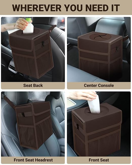 Capolo Car Trash Can with Lid, Leakproof Car Trash Bag Hanging Waterproof Automotive Garbage Can with Storage Pockets Mini Vehicle Trash Bin for Back/Front Seat(Brown,3 Gallon)