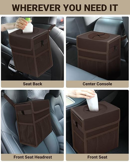 Capolo Car Trash Can with Lid, Leakproof Car Trash Bag Hanging Waterproof Automotive Garbage Can with Storage Pockets Mini Vehicle Trash Bin for Back/Front Seat(Brown,3 Gallon)