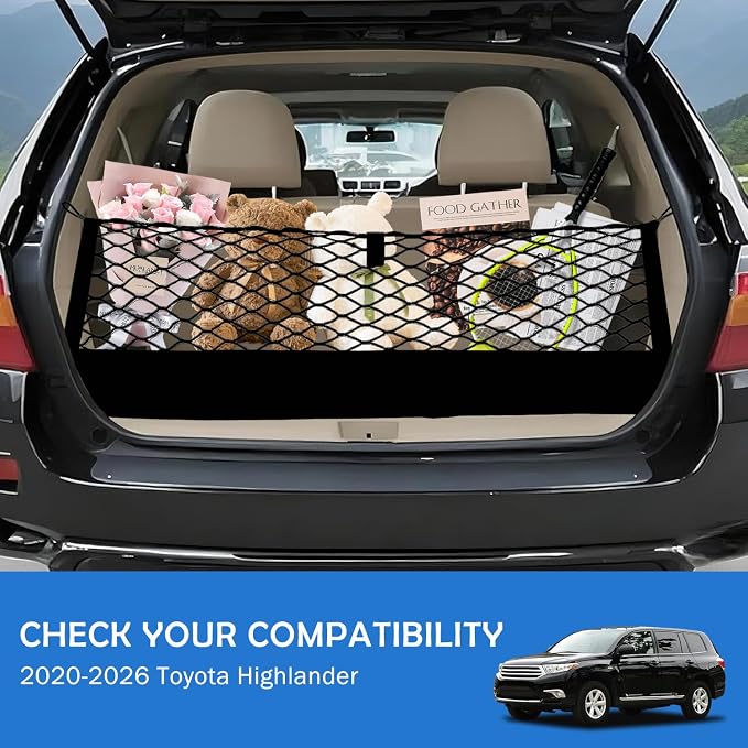 Truck Bed Cargo Net for Toyota Highlander 2020-2025 2026 Accessories, Envelope Style Rear Trunk Mesh Cargo Net, Heavy Duty 5mm Bungee&Double-Layer Nylon Storage Tailgate Netting Holder Organizer