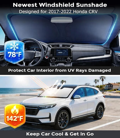 DMJN Front Windshield Sun Shade for Honda CRV (2017-2022), [Nano Ice-Crystal Coatings] UPF50+ Heat & UV Block, Protect Car Interior & Keep Cool, Flodable Steel-Ring Car Cover for Summer