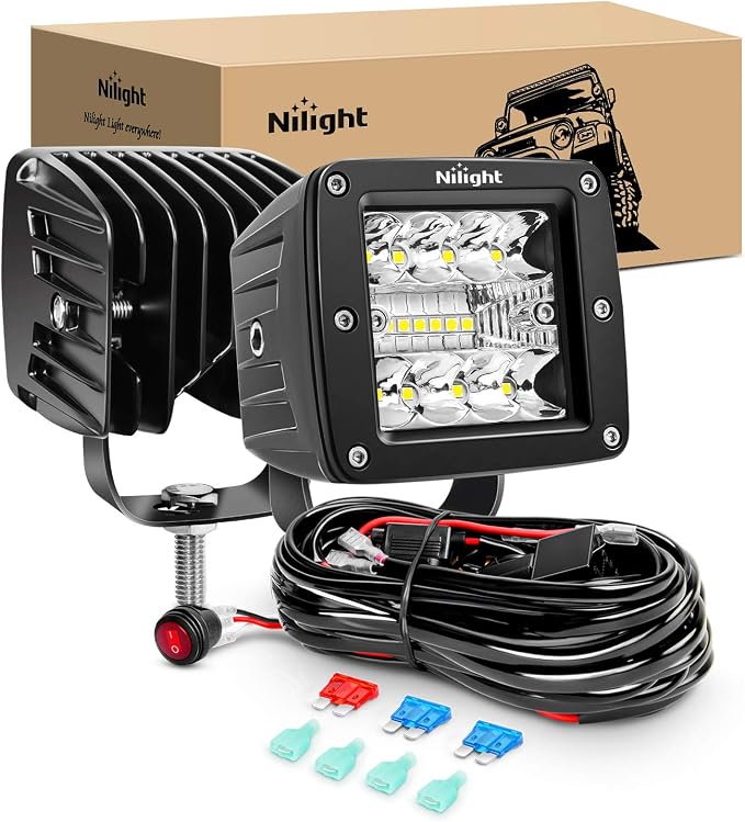 Nilight 2PCS 3Inch 42W LED Pods LED Cubes Upgraded Spot Flood Combo Beam Square Driving Light Backup Reverse Grill Mount with Wiring Harness Kit -2 leads, 2 Years Warranty